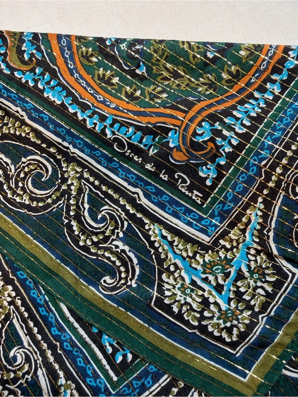 Vintage Oscar de la Renta Paisley Scarf in Navy, Teal & Olive